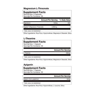 Supplement facts label showing ingredients and serving sizes for Nightly Sleep 30-Pack including Magnesium L-Threonate, L-Theanine, and Apigenin with supporting details on other ingredients and daily values.