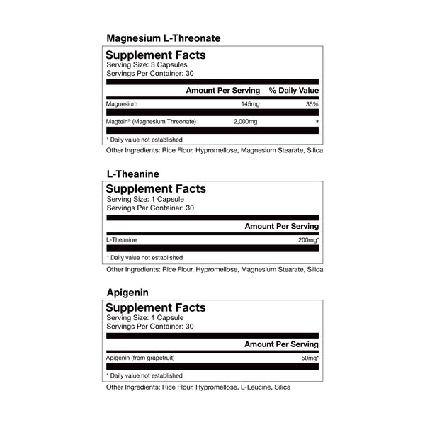 Supplement facts label showing ingredients and serving sizes for Nightly Sleep 30-Pack including Magnesium L-Threonate, L-Theanine, and Apigenin with supporting details on other ingredients and daily values.