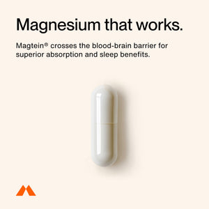 Single white capsule on a light background with text highlighting Magnesium L-Threonate's ability to cross the blood-brain barrier for better absorption and sleep support.
