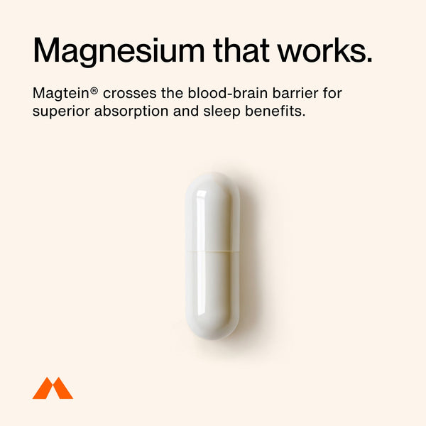 Single white capsule on a light background with text highlighting Magnesium L-Threonate's ability to cross the blood-brain barrier for better absorption and sleep support.
