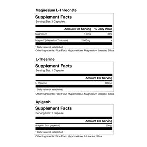Supplement facts showing ingredients and amounts per serving for Nightly Sleep 5-Pack including Magnesium L-Threonate, L-Theanine, and Apigenin with additional ingredient details.