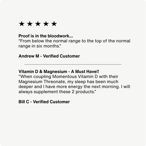 Customer testimonials praising Vitamin D3 5000 IU for improving bloodwork results, sleep quality, and energy levels, highlighting it as an essential wellness supplement.