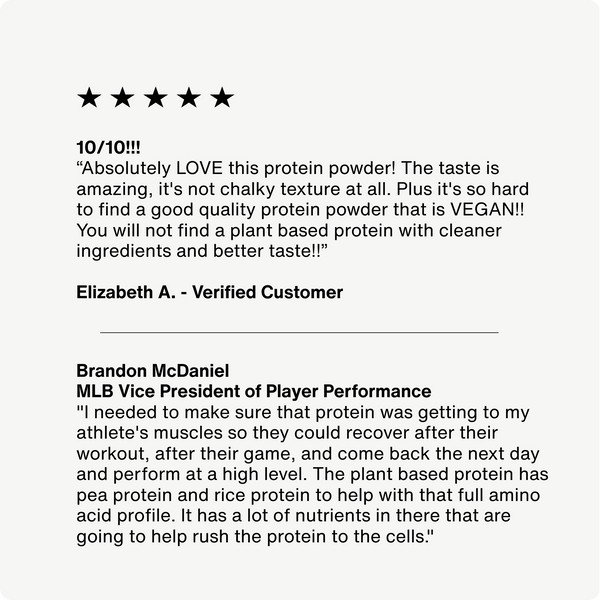 Five-star customer reviews praising the taste, texture, and vegan quality of 100% Plant Protein Powder with endorsements highlighting recovery benefits and amino acid profile.