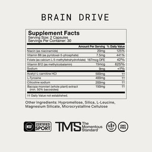Supplement facts label for Brain Drive wellness supplement showing vitamins, amino acids, and plant extracts per serving with certifications including NSF Certified Sport, Gluten Free, and GMO Free.