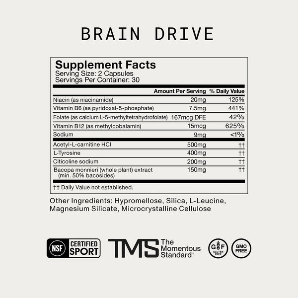 Supplement facts label for Brain Drive wellness supplement showing vitamins, amino acids, and plant extracts per serving with certifications including NSF Certified Sport, Gluten Free, and GMO Free.
