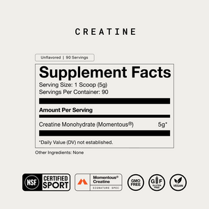 Supplement facts label for Creatine - 90 Servings showing 1 scoop serving size with 5g of Creatine Monohydrate, unflavored, with certifications including NSF Certified Sport, GMO free, gluten free, and vegan.