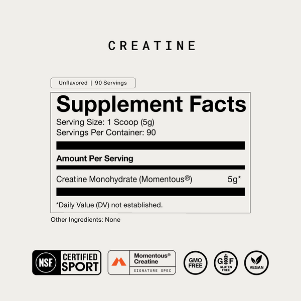 Supplement facts label for Creatine - 90 Servings showing 1 scoop serving size with 5g of Creatine Monohydrate, unflavored, with certifications including NSF Certified Sport, GMO free, gluten free, and vegan.