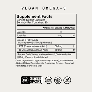 Supplement facts label for The Momentous Three - Vegan showing serving size, omega-3 fatty acid content from algae oil, additional ingredients, and certification icons for vegan, gluten-free, GMO-free, and sport certified.