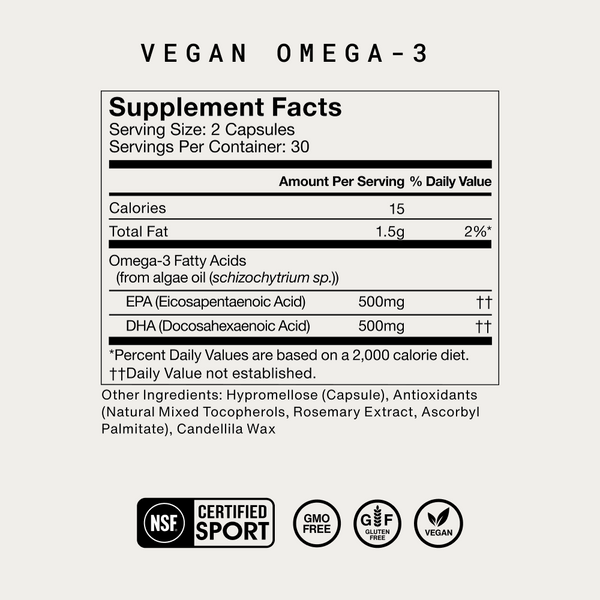 Supplement facts label for The Momentous Three - Vegan showing serving size, omega-3 fatty acid content from algae oil, additional ingredients, and certification icons for vegan, gluten-free, GMO-free, and sport certified.