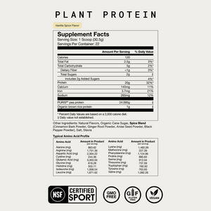 Nutrition facts label for The Momentous Three - Vegan vanilla spice flavored plant protein powder showing calories, protein, vitamins, minerals, amino acid profile, and certifications for NSF, certified sport, GMO free, gluten free, and vegan.