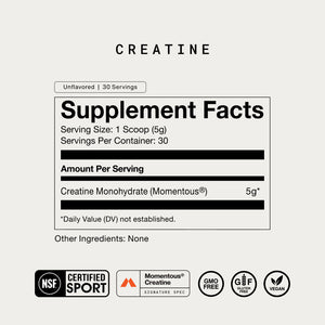 Supplement facts label for The Momentous Three - Vegan showing 5g of Momentous Creatine Monohydrate per 30 servings, unflavored, with certification icons for NSF, vegan, gluten-free, GMO-free, and Momentous Creatine branding.