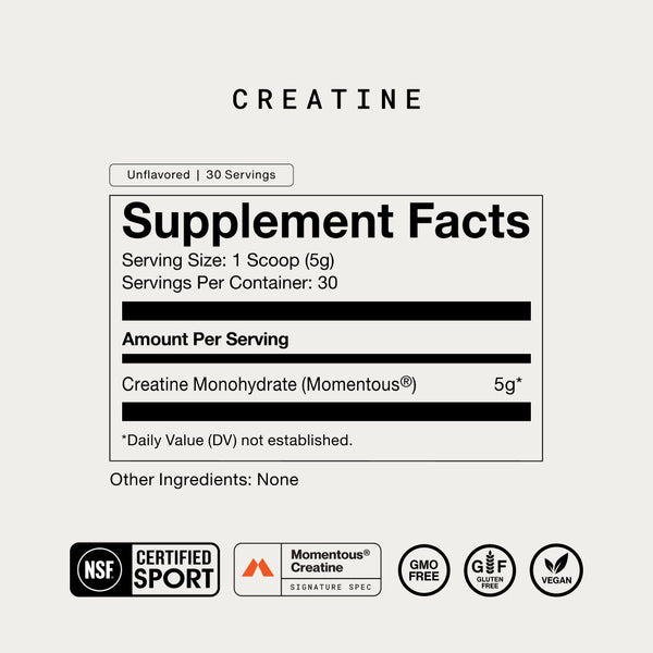 Supplement facts label for The Momentous Three - Vegan showing 5g of Momentous Creatine Monohydrate per 30 servings, unflavored, with certification icons for NSF, vegan, gluten-free, GMO-free, and Momentous Creatine branding.