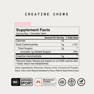 Supplement facts for Creatine Chews 150-Count showing nutrition information per chewable tablet, including 10 calories, 1g total carbohydrate, 1g creatine monohydrate, and natural strawberry flavor with certifications for sport, GMO-free, gluten-free, and vegan.