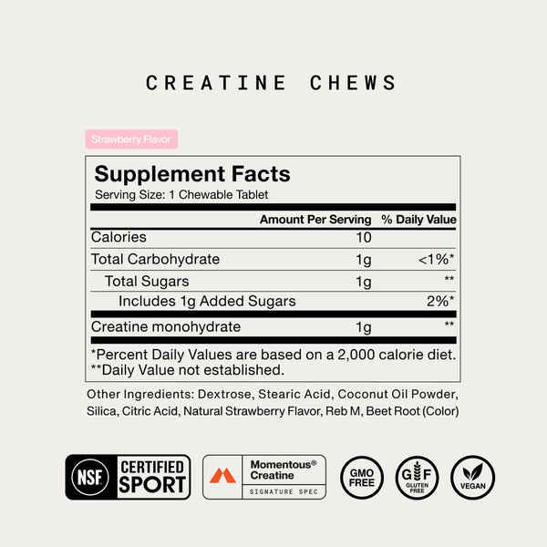Supplement facts for Creatine Chews 150-Count showing nutrition information per chewable tablet, including 10 calories, 1g total carbohydrate, 1g creatine monohydrate, and natural strawberry flavor with certifications for sport, GMO-free, gluten-free, and vegan.