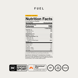Fuel nutrition facts label for mango flavored wellness supplement with NSF Certified Sport gluten free GMO free and vegan certification badges