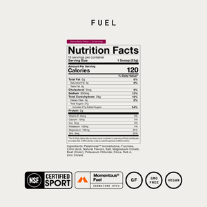Fuel wellness supplement label with Nutrition Facts panel showing 120 calories per serving and Certified Sport GMO Free and Vegan badges