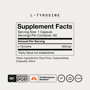 Tyrosine wellness supplement label showing 500 mg L Tyrosine per capsule 60 servings and NSF Certified Sport gluten free GMO free and vegan certifications