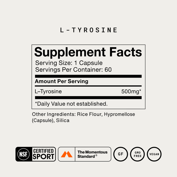 Tyrosine wellness supplement label showing 500 mg L Tyrosine per capsule 60 servings and NSF Certified Sport gluten free GMO free and vegan certifications