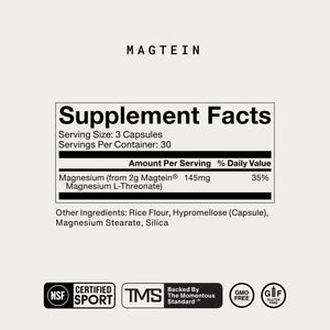Supplement facts panel for Magnesium L-Threonate showing 145 mg magnesium per 3 capsule serving, including ingredients rice flour, hypromellose, magnesium stearate, and silica.