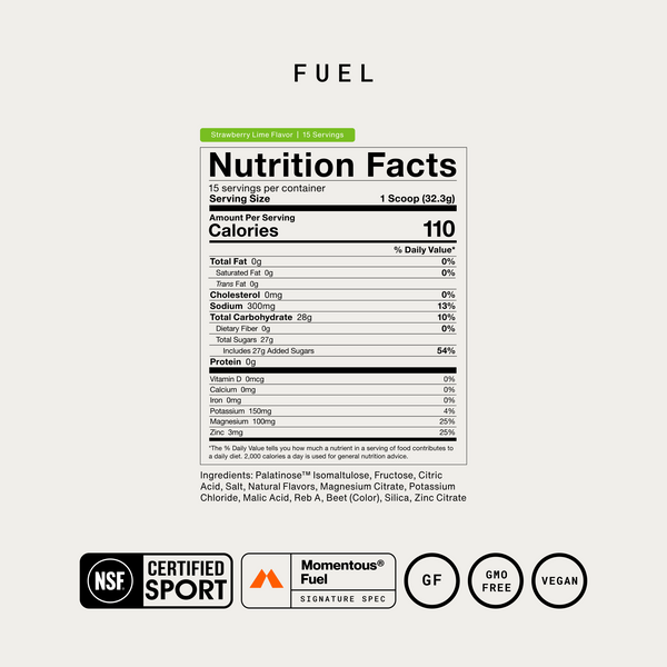 Fuel wellness supplement nutrition facts label showing 110 calories per serving with certified sport gluten free GMO free and vegan certifications