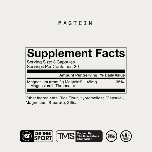 Supplement facts label for Nightly Sleep Stack showing magnesium content from Magtein with 145mg per serving, along with capsule ingredients and certification logos for quality and gluten-free status.
