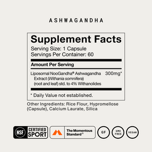 Ashwagandha supplement facts label showing one capsule serving 60 servings 300 mg liposomal extract and NSF Certified Sport gluten free GMO free and vegan badges