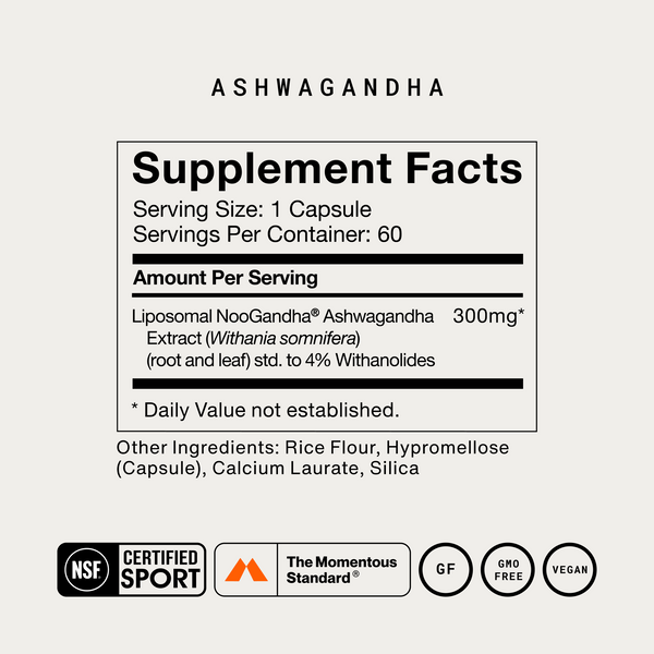 Ashwagandha supplement facts label showing one capsule serving 60 servings 300 mg liposomal extract and NSF Certified Sport gluten free GMO free and vegan badges