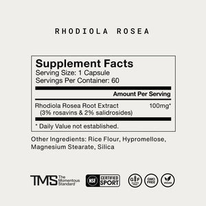 Supplement facts label for Rhodiola Rosea showing 100mg of Rhodiola Rosea root extract per capsule with 3% rosavins and 2% salidrosides, including other ingredients and certification icons.