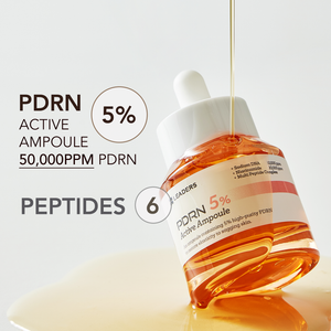 A clear glass bottle of PDRN 5% Active Ampoule | Leaders with an orange liquid being dispensed, highlighting skincare benefits with peptides and high-purity PDRN for skin elasticity.
