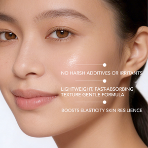 Close-up of a woman with clear, glowing skin highlighting benefits of PDRN 5% Active Ampoule | Leaders including no harsh additives, lightweight fast-absorbing texture, and boosted skin elasticity.