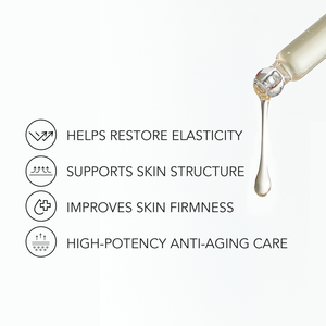 Close-up of a dropper releasing serum with text highlighting benefits of PDRN 5% Active Ampoule | Leaders, including restoring elasticity, supporting skin structure, improving firmness, and providing high-potency anti-aging care.