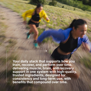 Two women running briskly outdoors on a trail, illustrating active wellness and recovery benefits of The Momentous Three supplement for muscle, brain, and performance support.