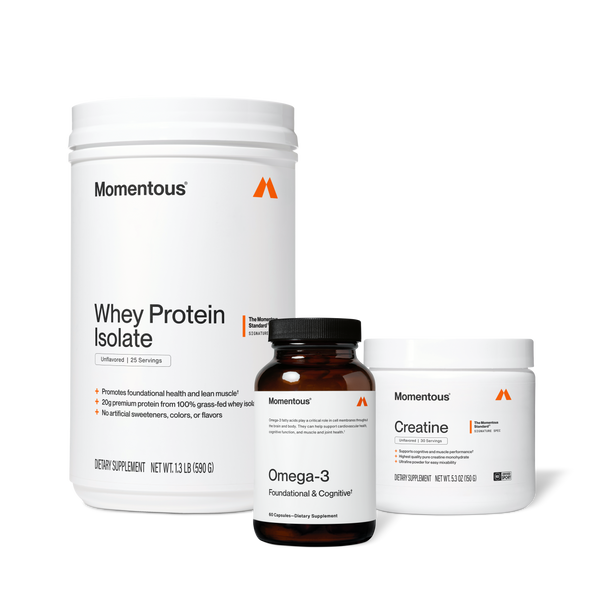 The Momentous Three supplement set featuring whey protein isolate, omega-3 capsules, and creatine powder for wellness, muscle health, and cognitive support.