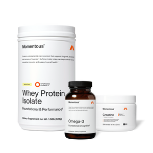The Momentous Three wellness supplements set including vanilla-flavored whey protein isolate, omega-3 capsules, and creatine for muscle recovery, cognitive support, and performance.