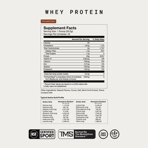 Supplement facts label for "The Momentous Three" chocolate whey protein showing nutritional information, amino acid profile, and certifications including NSF Certified Sport, GMO free, and gluten free.