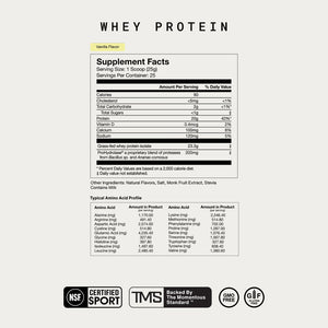 Supplement facts label for The Momentous Three vanilla flavor whey protein powder, highlighting nutritional information, amino acid profile, and certifications for wellness and sports standards.