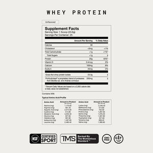 The Momentous Three whey protein supplement facts label showing nutritional information, serving size, amino acid profile, and certification icons for NSF, Certified Sport, TMS standard, GMO-free, and gluten-free.