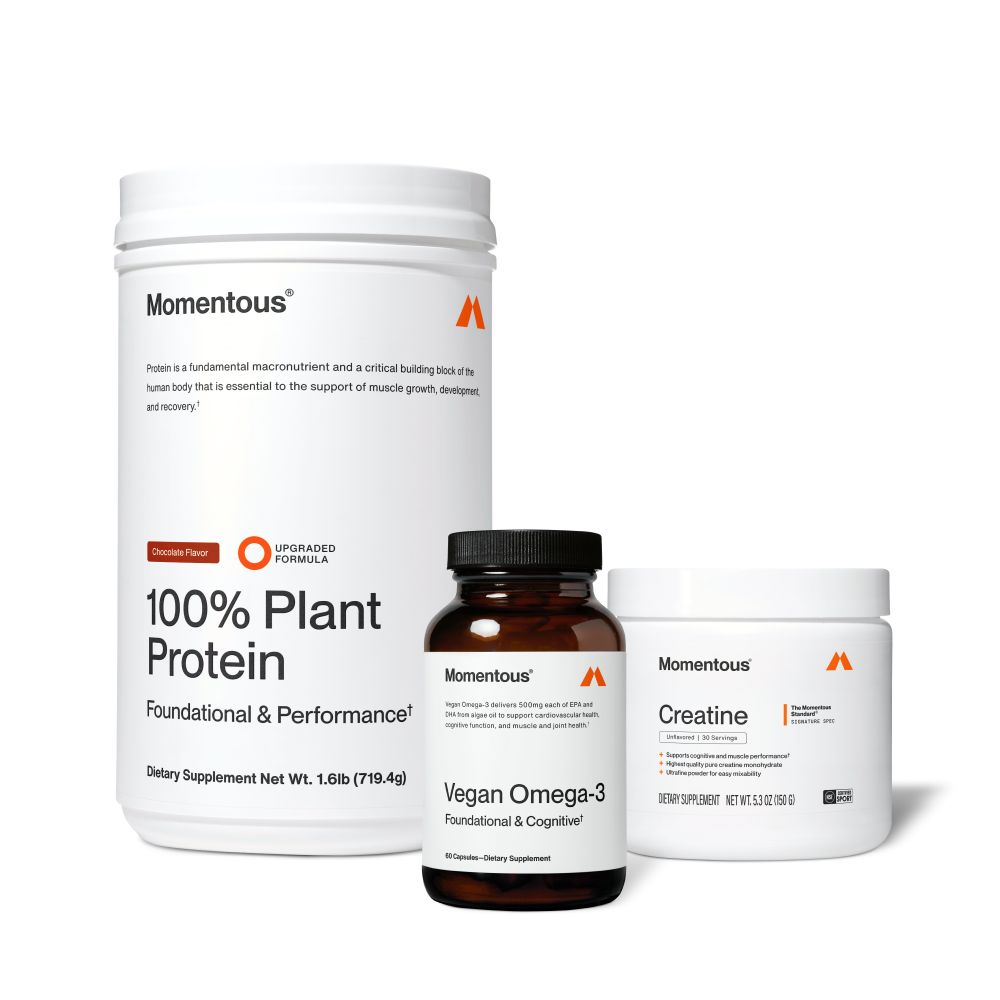 A set of three wellness supplements including a large container of 100% plant protein powder, a bottle of vegan omega-3 capsules, and a jar of creatine labeled The Momentous Three - Vegan for muscle support and recovery.