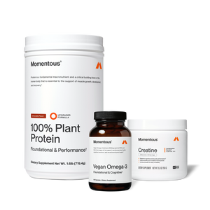 A set of three wellness supplements including a large container of 100% plant protein powder, a bottle of vegan omega-3 capsules, and a jar of creatine labeled The Momentous Three - Vegan for muscle support and recovery.