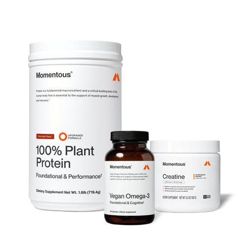 A set of three wellness supplements including a large container of 100% plant protein powder, a bottle of vegan omega-3 capsules, and a jar of creatine labeled The Momentous Three - Vegan for muscle support and recovery.