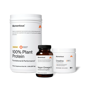 The Momentous Three - Vegan set featuring 100% plant protein in vanilla flavor, vegan omega-3 supplement, and creatine for wellness and recovery support.