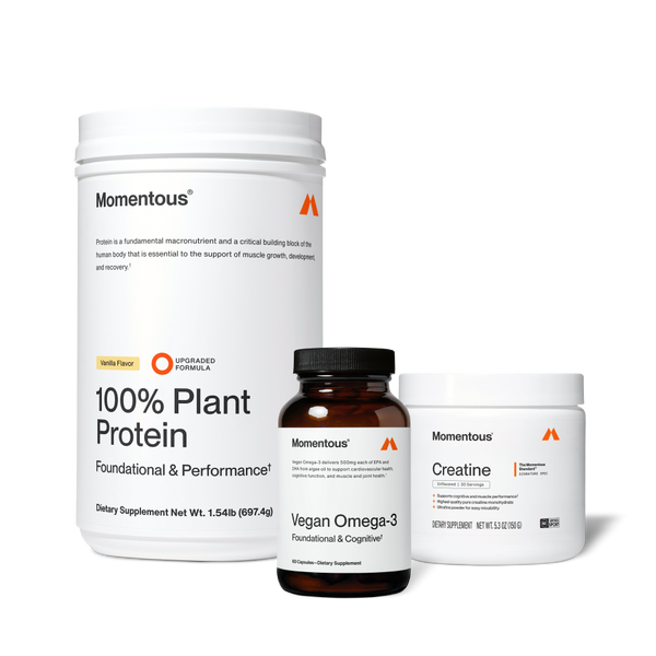 The Momentous Three - Vegan set featuring 100% plant protein in vanilla flavor, vegan omega-3 supplement, and creatine for wellness and recovery support.