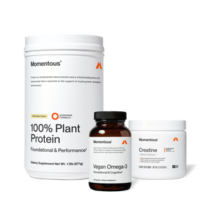 Three dietary supplement containers including plant-based protein, vegan omega-3, and creatine labeled as The Momentous Three - Vegan for wellness and recovery support.