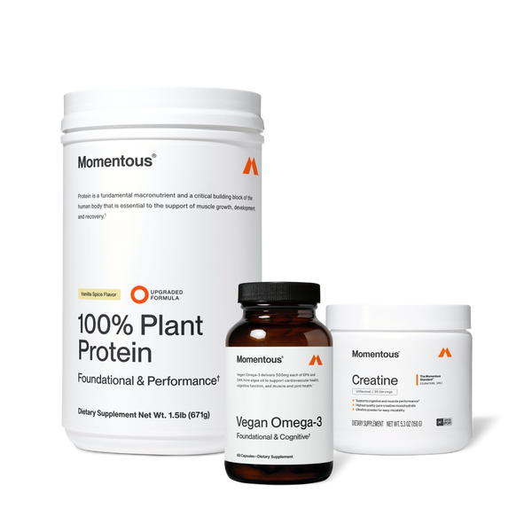 Three dietary supplement containers including plant-based protein, vegan omega-3, and creatine labeled as The Momentous Three - Vegan for wellness and recovery support.