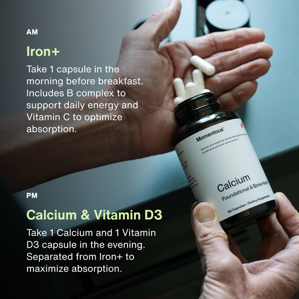 Close-up of a person holding a bottle of capsules labeled Calcium with two capsules in the other hand, alongside instructions for taking Iron+ in the morning and Calcium & Vitamin D3 in the evening as part of The Women’s Three™ wellness supplement routine.