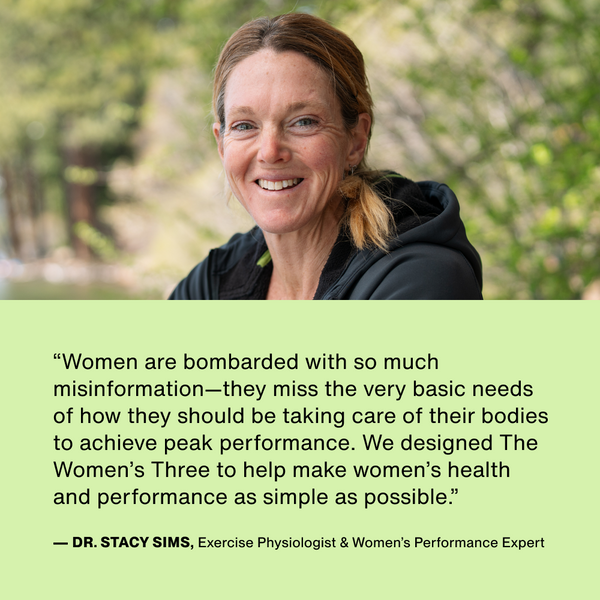 Portrait of a smiling woman outdoors alongside a quote about women’s health and performance featuring The Women’s Three™ from an exercise physiologist and women’s performance expert.