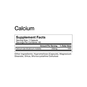 Supplement facts label for The Women’s Three™ showing calcium content and nutritional information in clear, simple black and white design for wellness supplements.