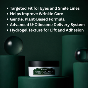 Green Collagen Wide Fit Eye Patch | Leaders skincare product in a sleek white and green jar, emphasizing wrinkle care with a gentle plant-based formula and advanced delivery system.