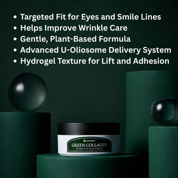 Green Collagen Wide Fit Eye Patch | Leaders skincare product in a sleek white and green jar, emphasizing wrinkle care with a gentle plant-based formula and advanced delivery system.
