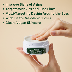 Hands holding and opening a container of Green Collagen Wide Fit Eye Patch | Leaders skincare product designed to improve signs of aging and target wrinkles and fine lines.